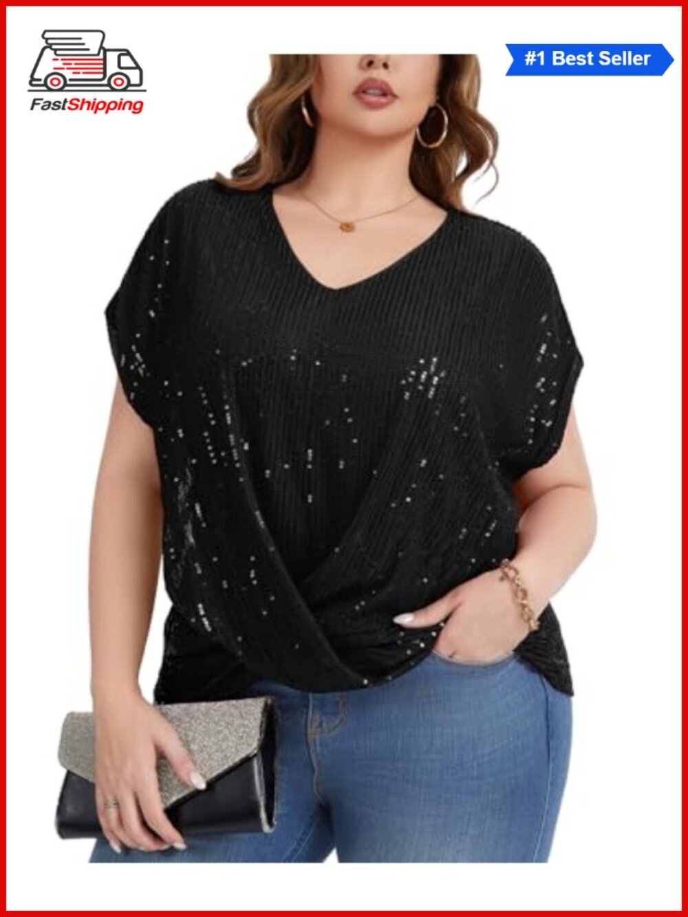 Plus Size Sequin Top Short Batwing Sleeve V Neck Blouse Party Shirt